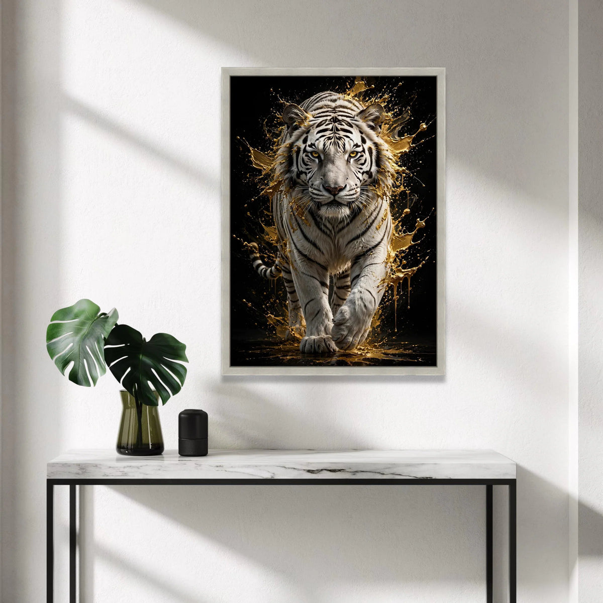Majestic White Tiger Canvas Wall Art, Golden Splash Animal Portrait, Wildlife Home Decor, Exotic Jungle Scene, Bold Canvas Print Art