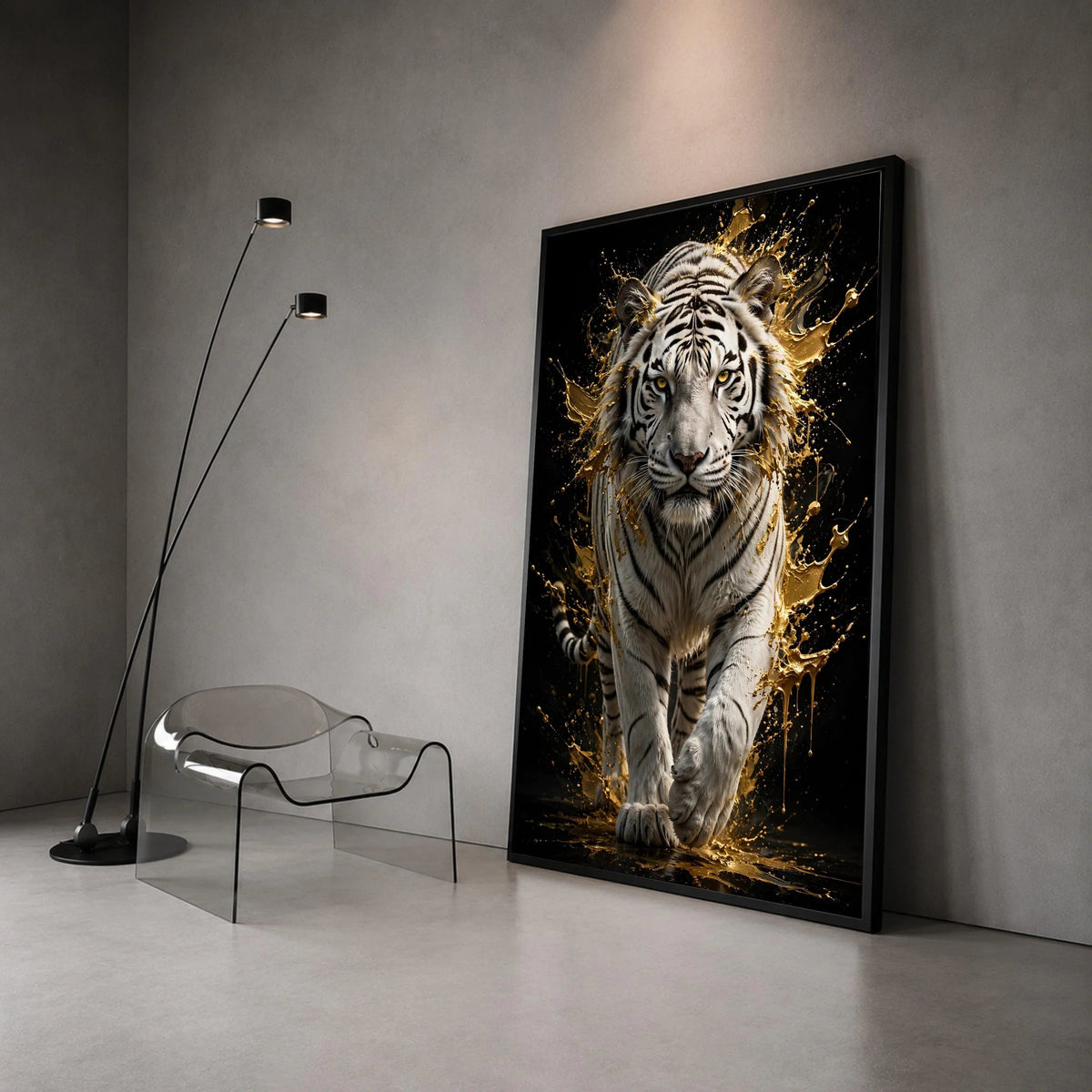 Majestic White Tiger Canvas Wall Art, Golden Splash Animal Portrait, Wildlife Home Decor, Exotic Jungle Scene, Bold Canvas Print Art