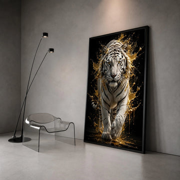 Majestic White Tiger Canvas Wall Art, Golden Splash Animal Portrait, Wildlife Home Decor, Exotic Jungle Scene, Bold Canvas Print Art