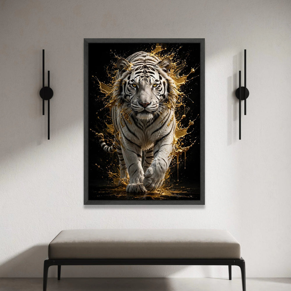 Majestic White Tiger Canvas Wall Art, Golden Splash Animal Portrait, Wildlife Home Decor, Exotic Jungle Scene, Bold Canvas Print Art