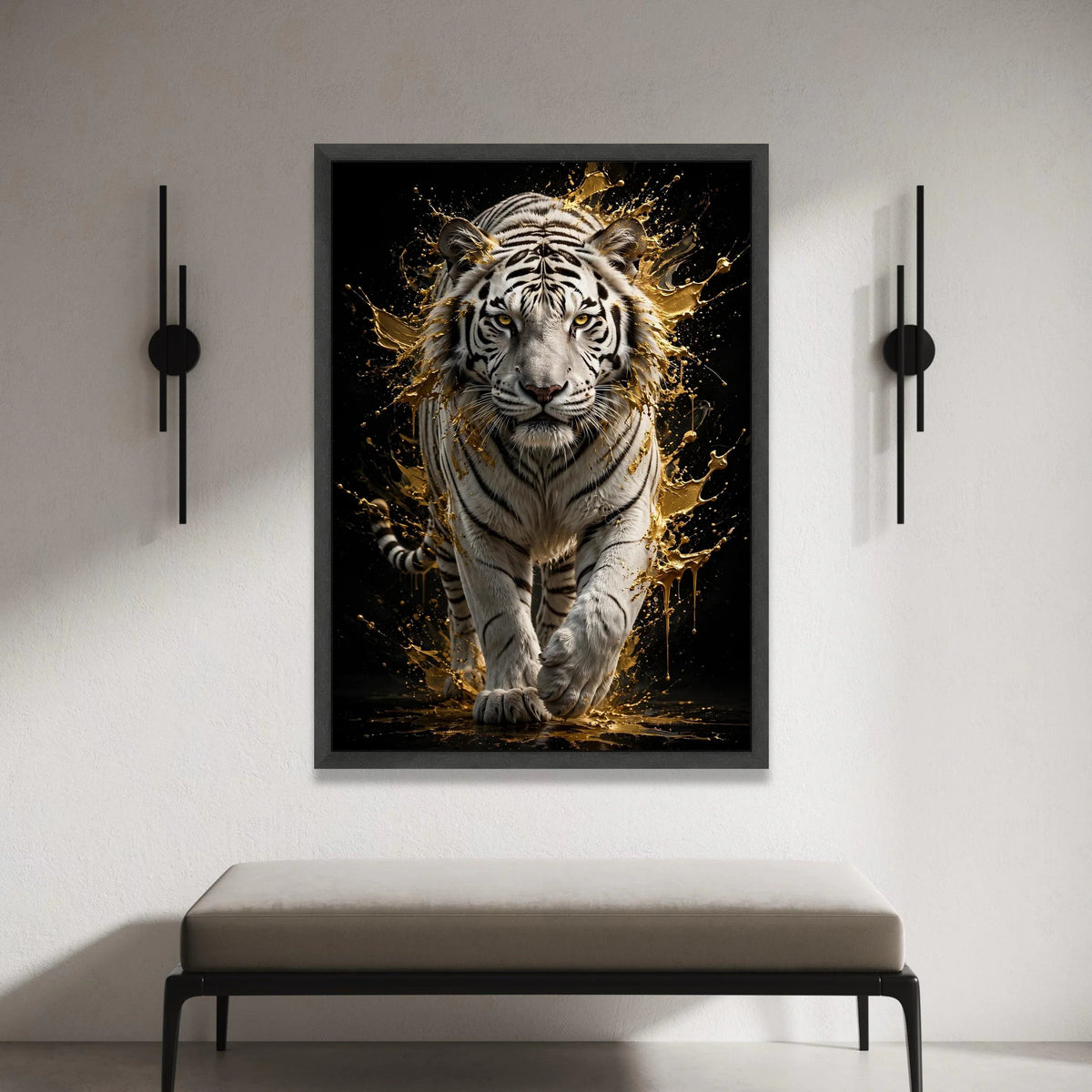Majestic White Tiger Canvas Wall Art, Golden Splash Animal Portrait, Wildlife Home Decor, Exotic Jungle Scene, Bold Canvas Print Art