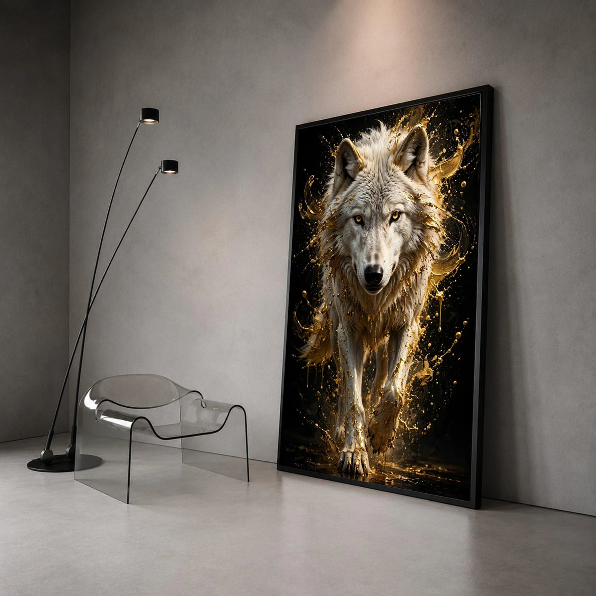 Majestic White Wolf Canvas Wall Art, Golden Splash Animal Portrait, Wildlife Home Decoration, Bold Nature Canvas, Modern Canvas Print Art