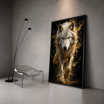 Majestic White Wolf Canvas Wall Art, Golden Splash Animal Portrait, Wildlife Home Decoration, Bold Nature Canvas, Modern Canvas Print Art