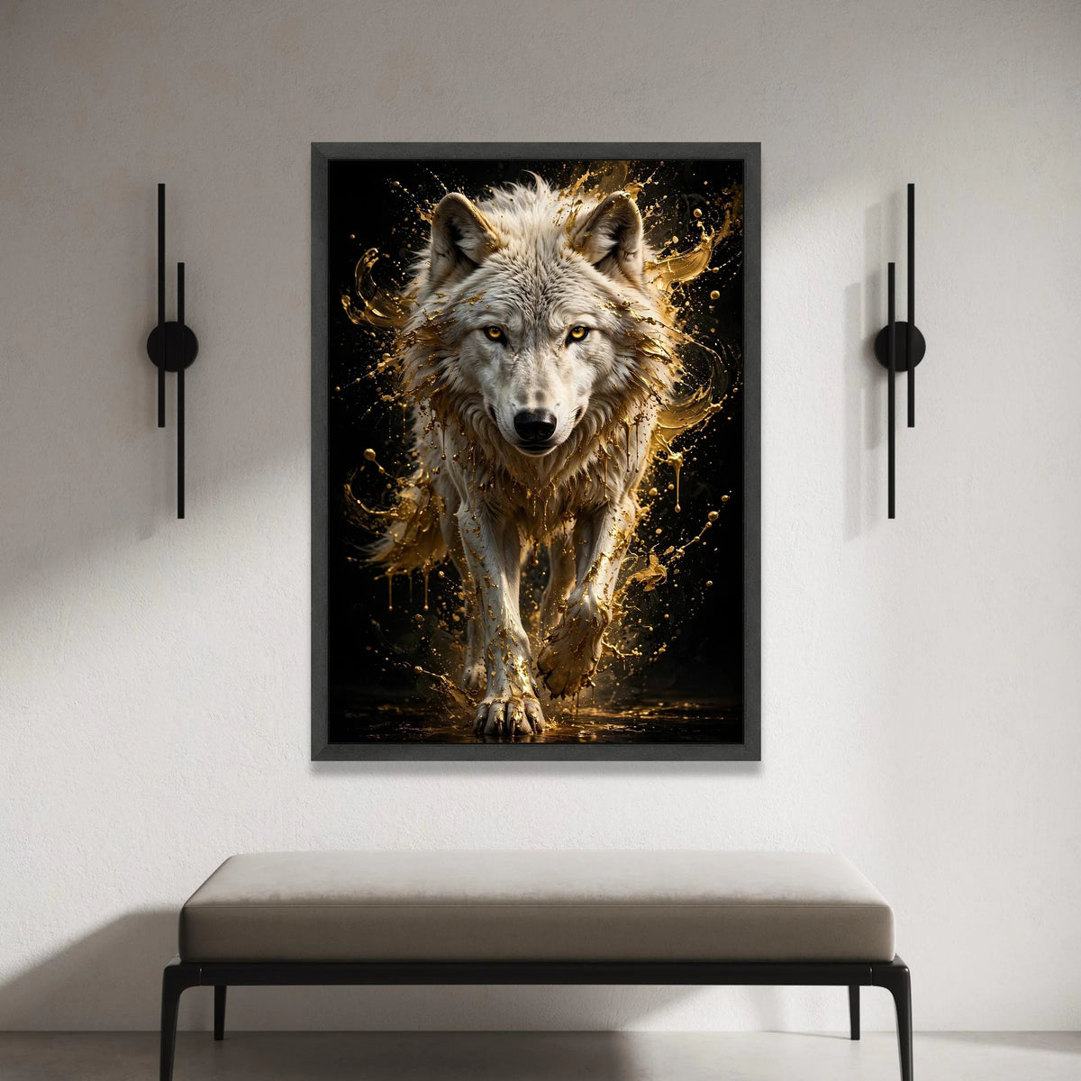 Majestic White Wolf Canvas Wall Art, Golden Splash Animal Portrait, Wildlife Home Decoration, Bold Nature Canvas, Modern Canvas Print Art