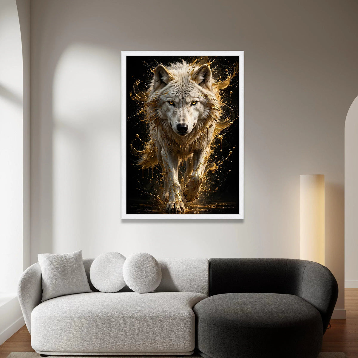 Majestic White Wolf Canvas Wall Art, Golden Splash Animal Portrait, Wildlife Home Decoration, Bold Nature Canvas, Modern Canvas Print Art