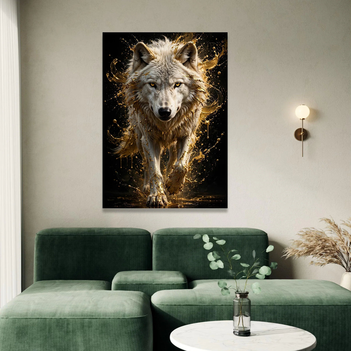 Majestic White Wolf Canvas Wall Art, Golden Splash Animal Portrait, Wildlife Home Decoration, Bold Nature Canvas, Modern Canvas Print Art