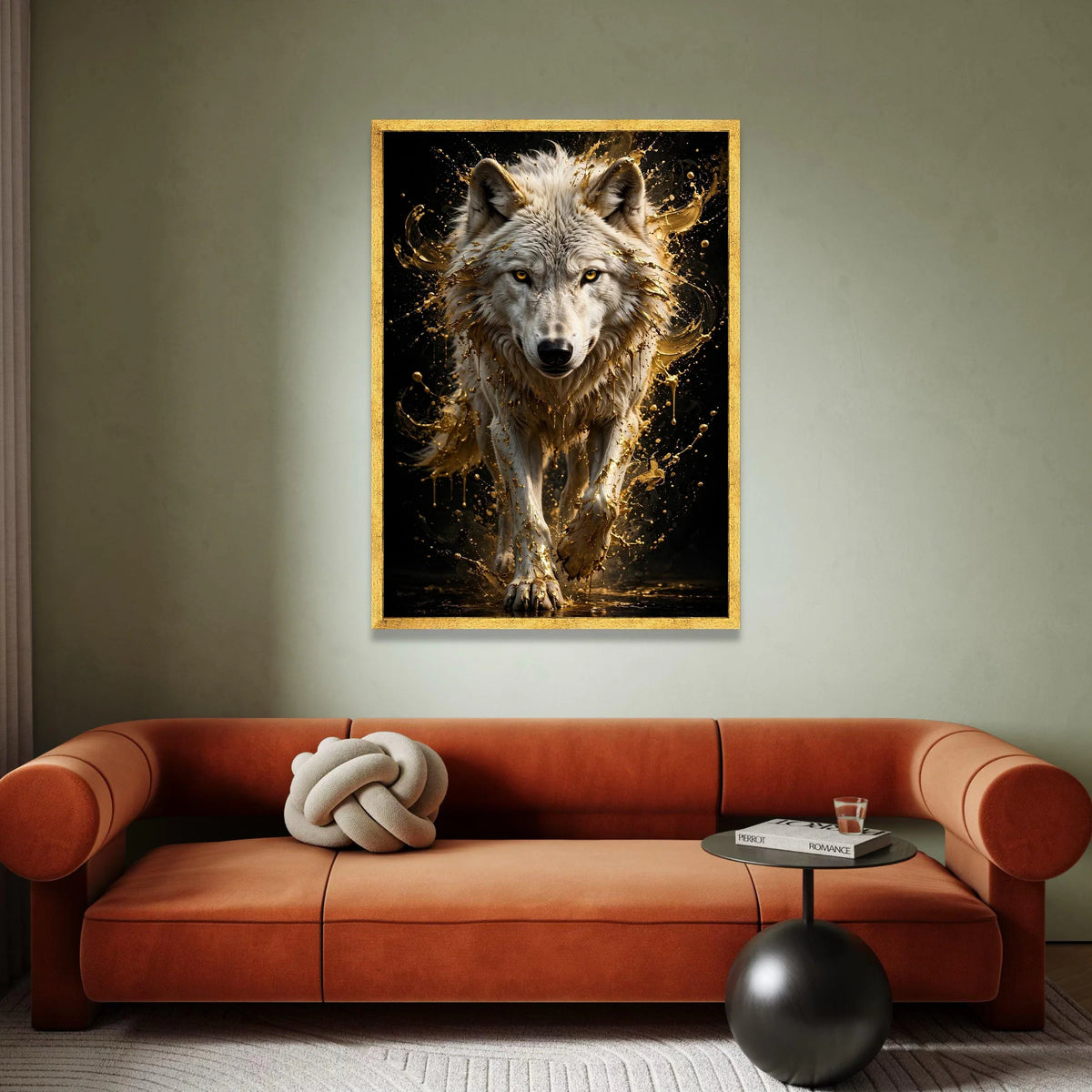 Majestic White Wolf Canvas Wall Art, Golden Splash Animal Portrait, Wildlife Home Decoration, Bold Nature Canvas, Modern Canvas Print Art
