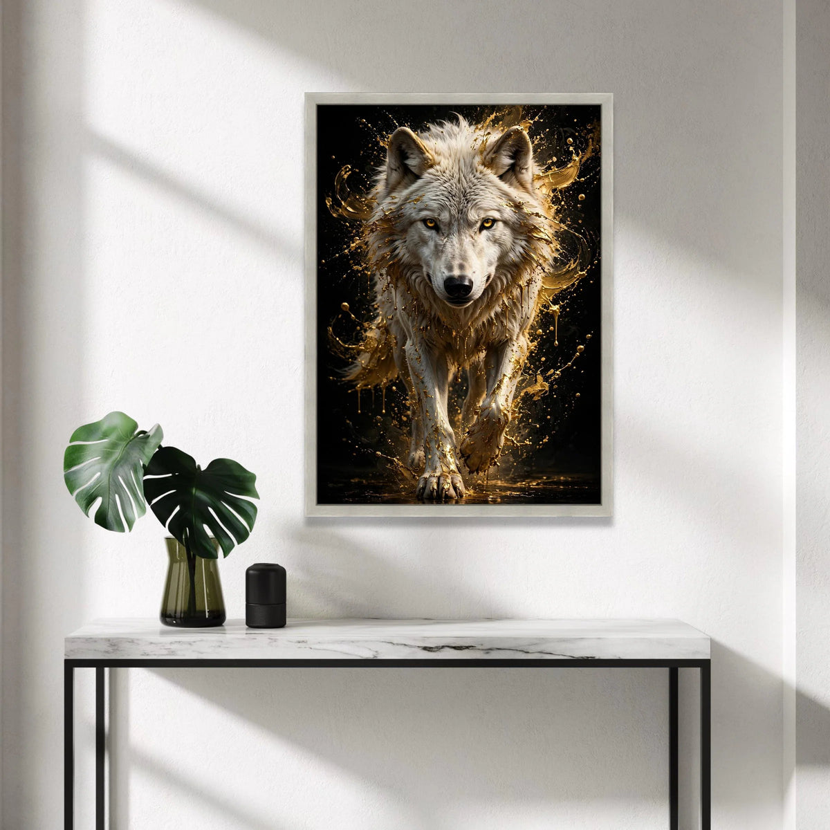 Majestic White Wolf Canvas Wall Art, Golden Splash Animal Portrait, Wildlife Home Decoration, Bold Nature Canvas, Modern Canvas Print Art