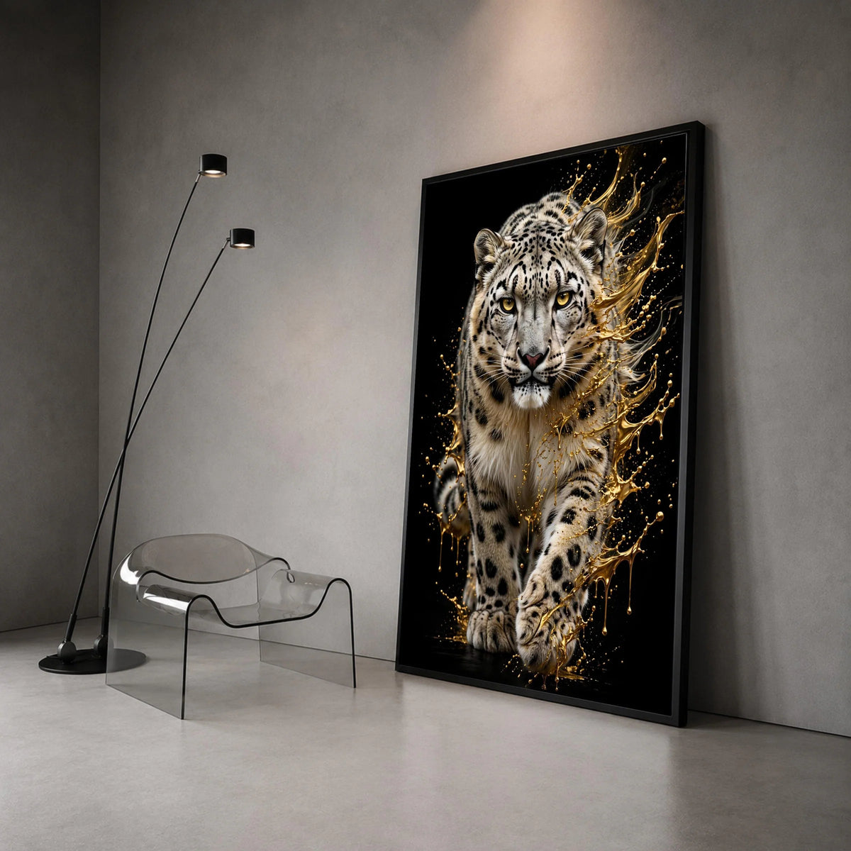 Majestic Snow Leopard Canvas Wall Art, Wild Animal Print, Golden Splash Effect, Wildlife Home Decoration, Safari Nature Canvas Print Art