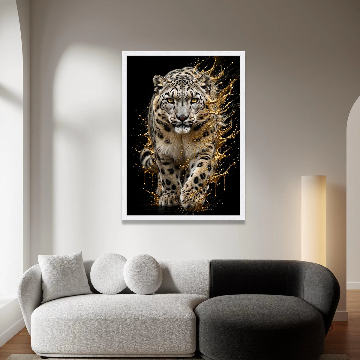 Majestic Snow Leopard Canvas Wall Art, Wild Animal Print, Golden Splash Effect, Wildlife Home Decoration, Safari Nature Canvas Print Art