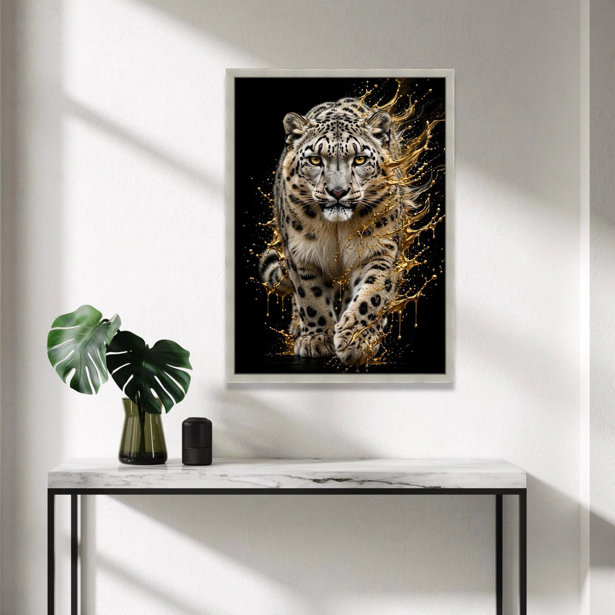 Majestic Snow Leopard Canvas Wall Art, Wild Animal Print, Golden Splash Effect, Wildlife Home Decoration, Safari Nature Canvas Print Art