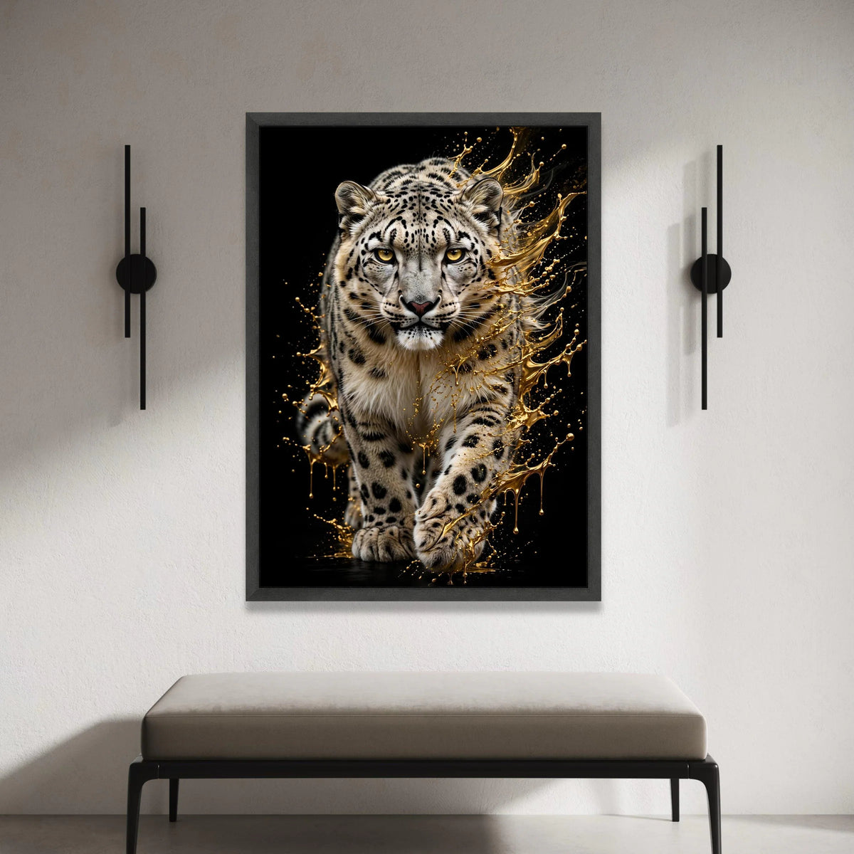 Majestic Snow Leopard Canvas Wall Art, Wild Animal Print, Golden Splash Effect, Wildlife Home Decoration, Safari Nature Canvas Print Art