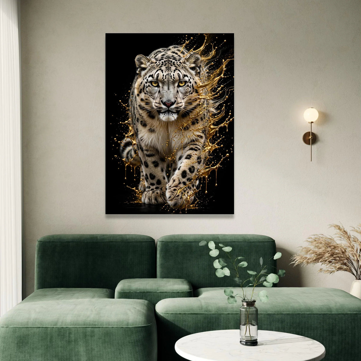 Majestic Snow Leopard Canvas Wall Art, Wild Animal Print, Golden Splash Effect, Wildlife Home Decoration, Safari Nature Canvas Print Art