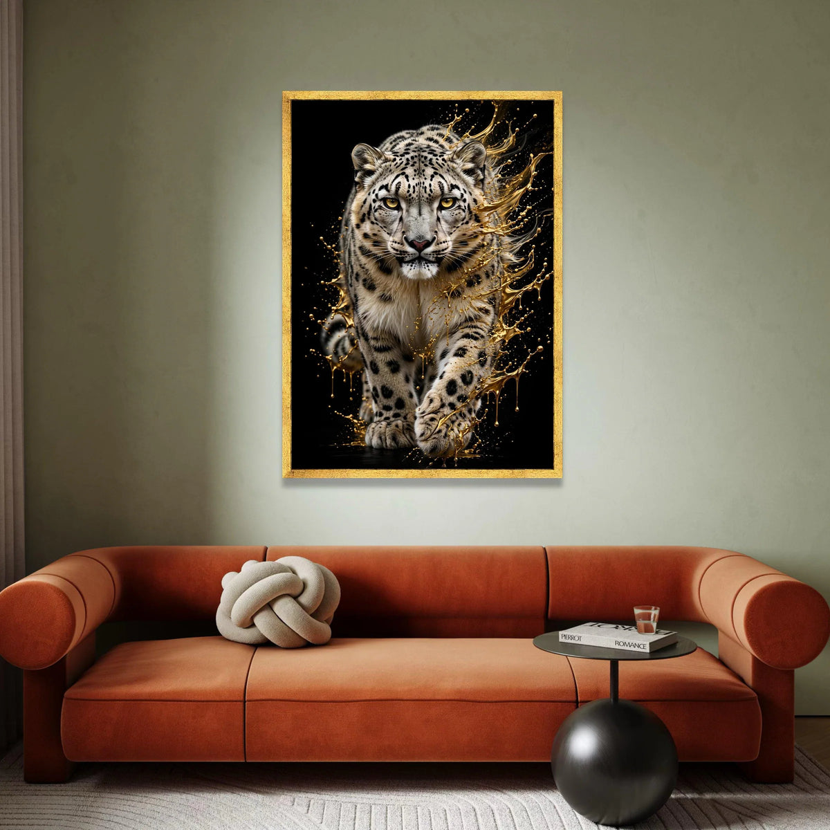 Majestic Snow Leopard Canvas Wall Art, Wild Animal Print, Golden Splash Effect, Wildlife Home Decoration, Safari Nature Canvas Print Art