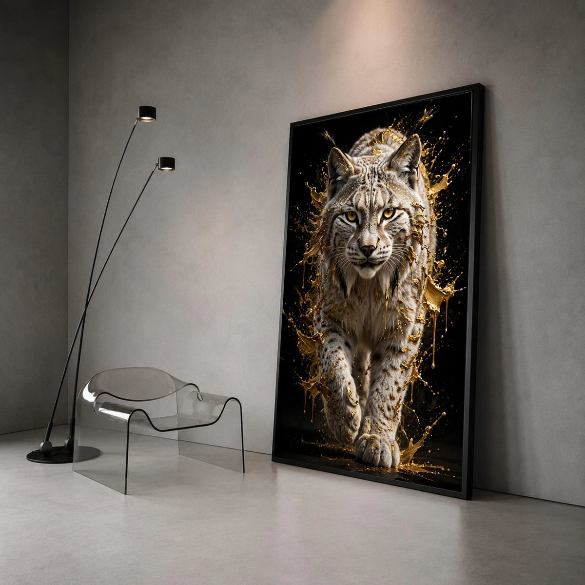 Majestic Lynx Portrait Canvas, Dynamic Animal Artwork, Golden Splash Effect Wall Art, Wild Cat Home Decoration, Ready to Canvas Print Art