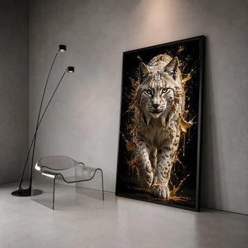 Majestic Lynx Portrait Canvas, Dynamic Animal Artwork, Golden Splash Effect Wall Art, Wild Cat Home Decoration, Ready to Canvas Print Art