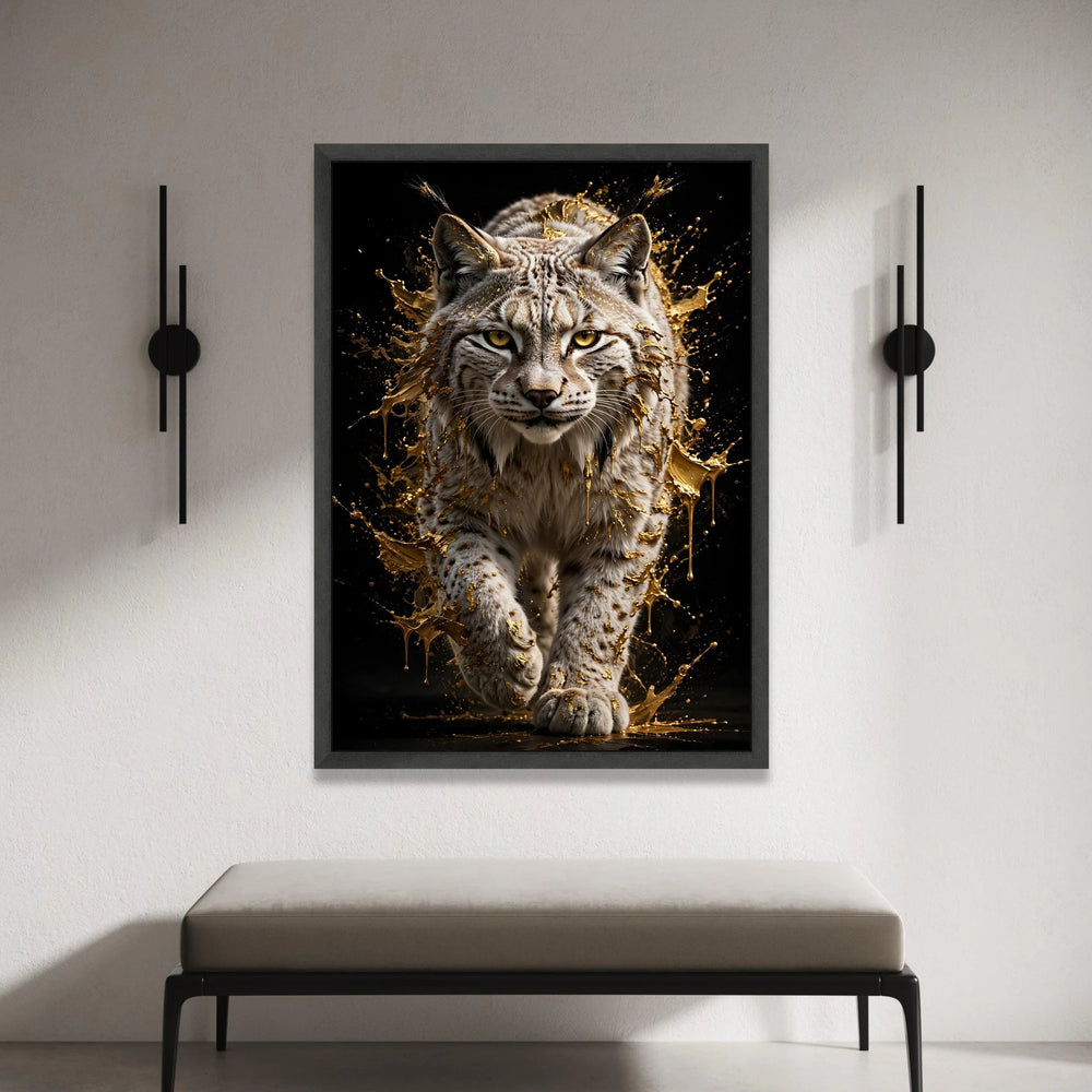 Majestic Lynx Portrait Canvas, Dynamic Animal Artwork, Golden Splash Effect Wall Art, Wild Cat Home Decoration, Ready to Canvas Print Art
