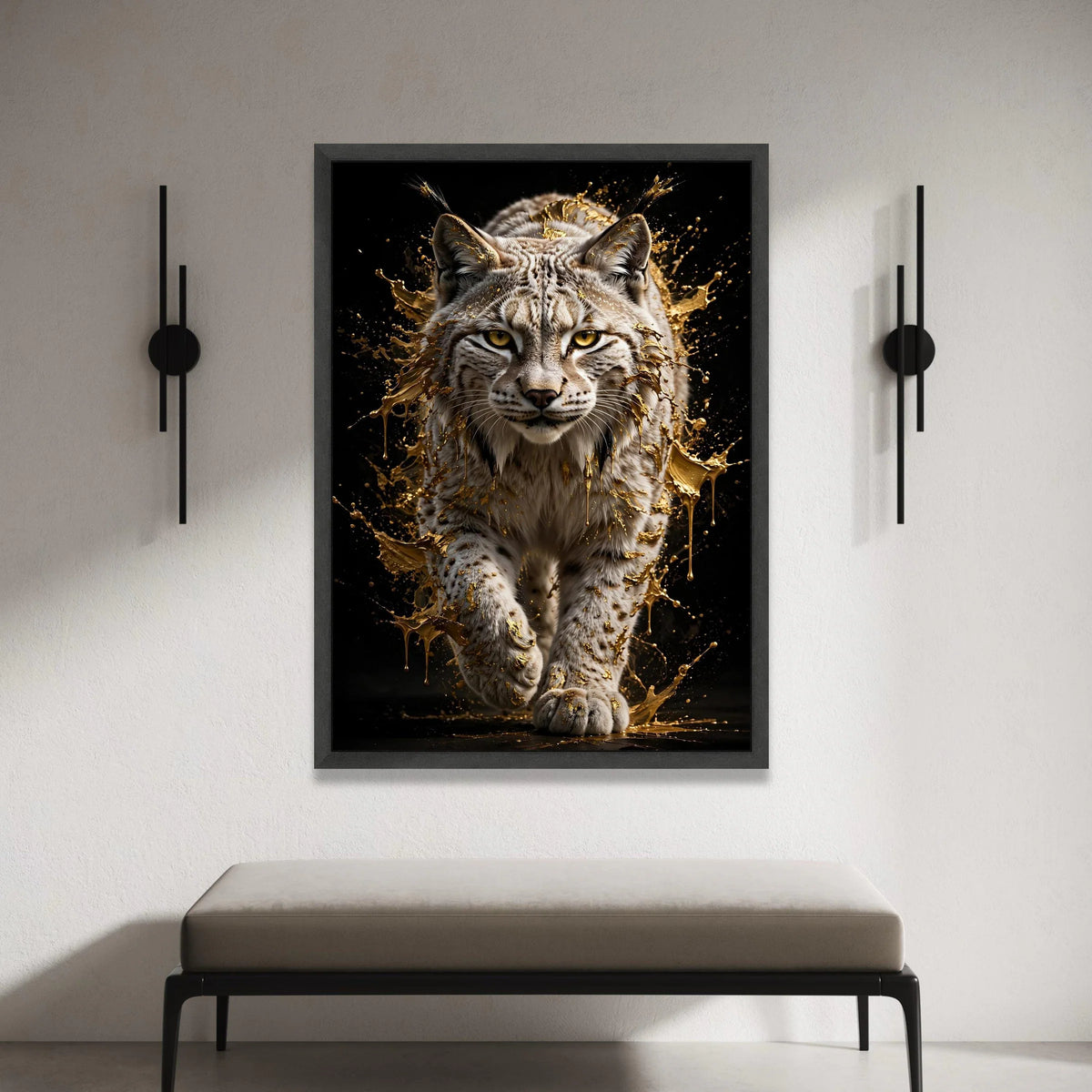 Majestic Lynx Portrait Canvas, Dynamic Animal Artwork, Golden Splash Effect Wall Art, Wild Cat Home Decoration, Ready to Canvas Print Art