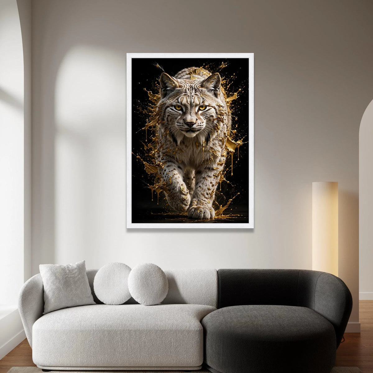 Majestic Lynx Portrait Canvas, Dynamic Animal Artwork, Golden Splash Effect Wall Art, Wild Cat Home Decoration, Ready to Canvas Print Art