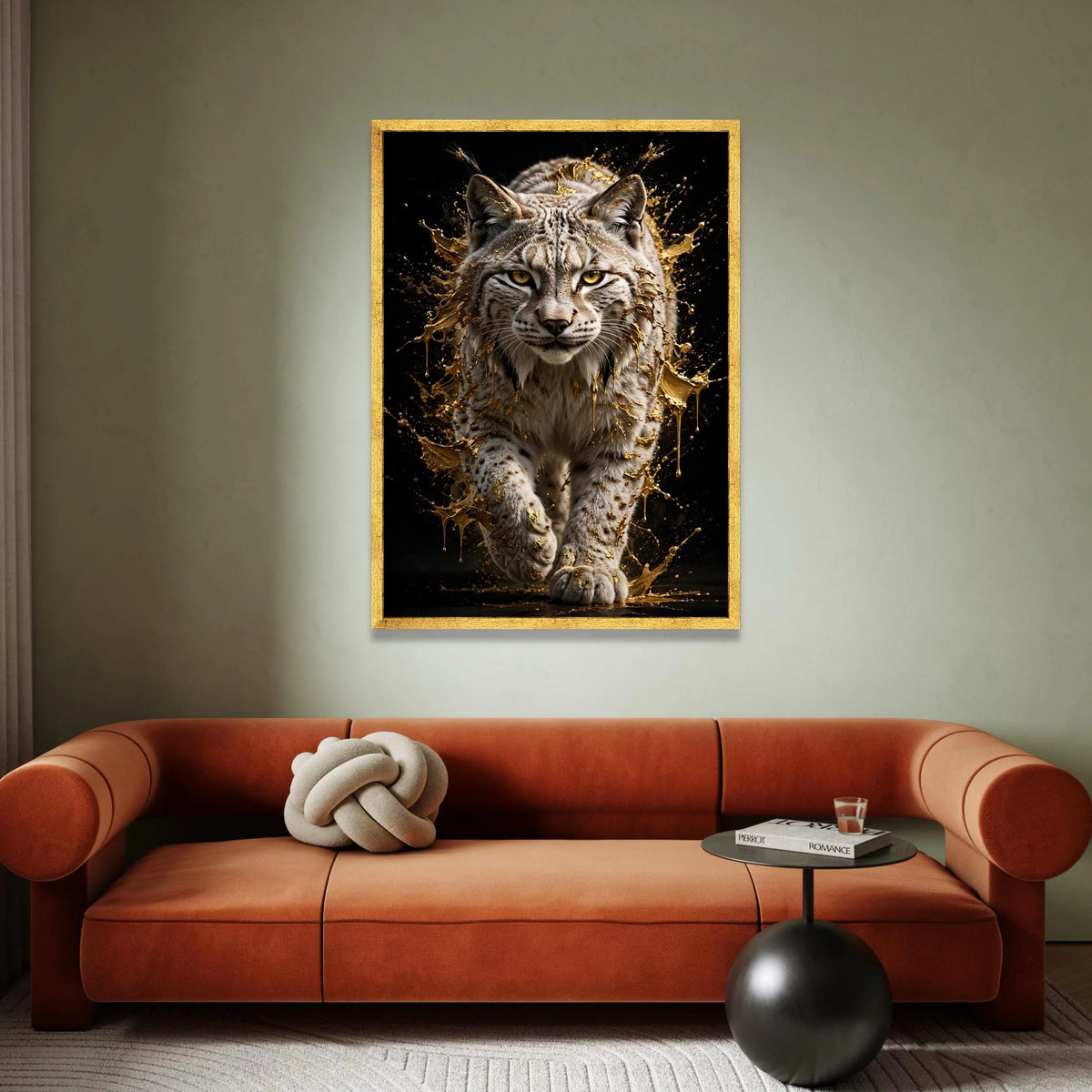 Majestic Lynx Portrait Canvas, Dynamic Animal Artwork, Golden Splash Effect Wall Art, Wild Cat Home Decoration, Ready to Canvas Print Art