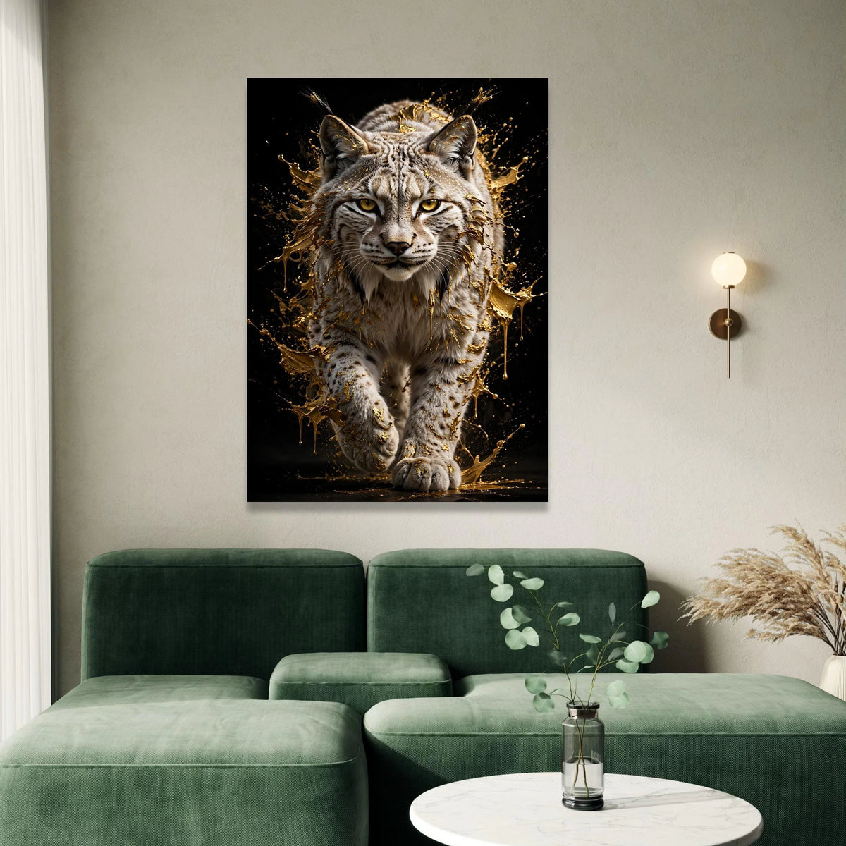 Majestic Lynx Portrait Canvas, Dynamic Animal Artwork, Golden Splash Effect Wall Art, Wild Cat Home Decoration, Ready to Canvas Print Art