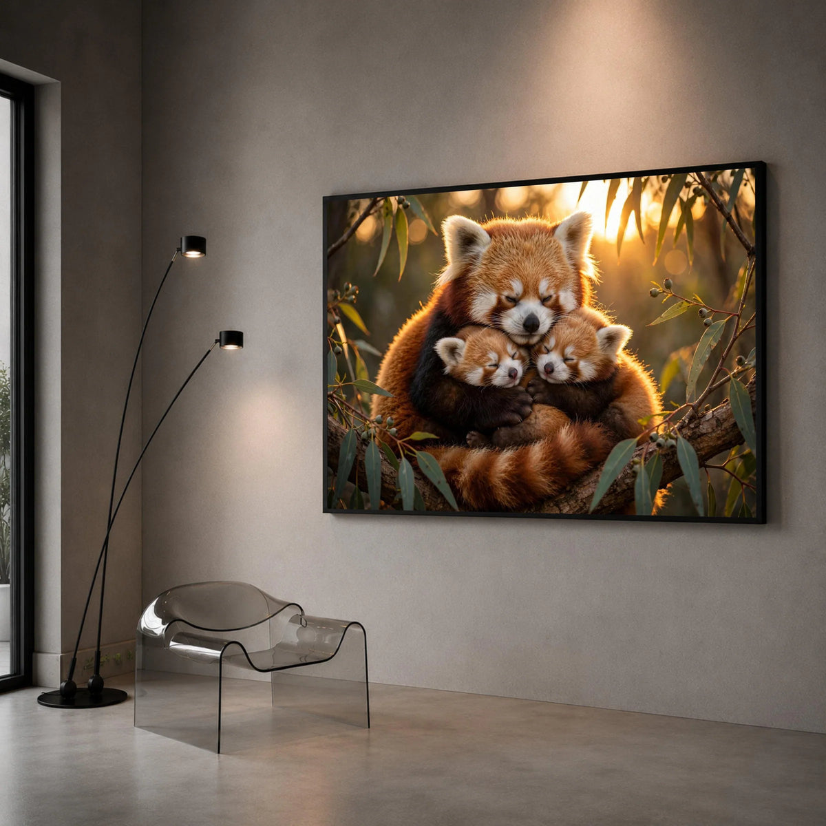 Red Panda Family Hug Canvas, Cute Animal Wall Art, Nature Wildlife Canvas, Cozy Forest Scene, Soft Light Home Decoration Canvas Print Art