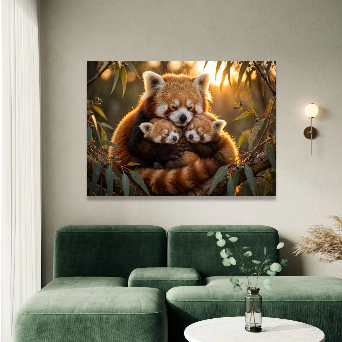 Red Panda Family Hug Canvas, Cute Animal Wall Art, Nature Wildlife Canvas, Cozy Forest Scene, Soft Light Home Decoration Canvas Print Art
