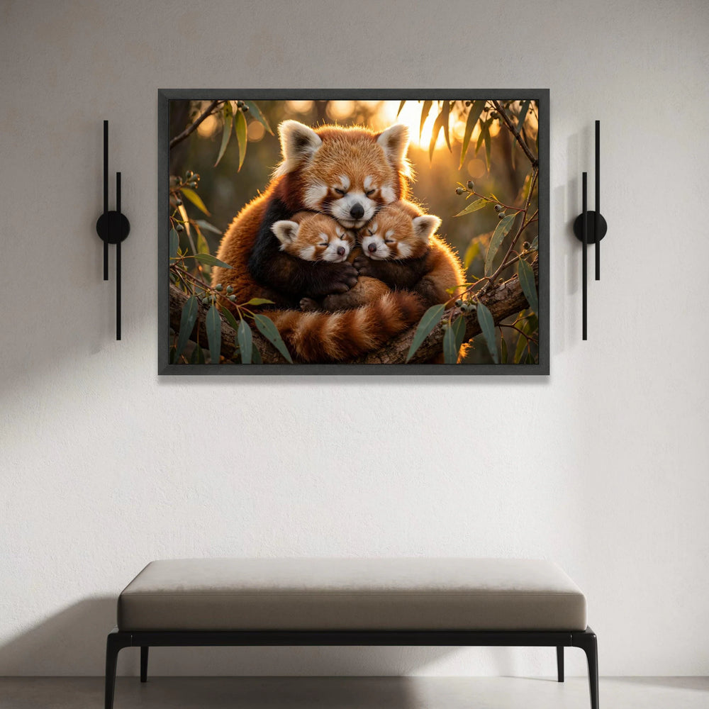 Red Panda Family Hug Canvas, Cute Animal Wall Art, Nature Wildlife Canvas, Cozy Forest Scene, Soft Light Home Decoration Canvas Print Art