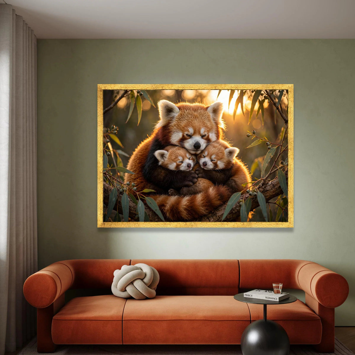 Red Panda Family Hug Canvas, Cute Animal Wall Art, Nature Wildlife Canvas, Cozy Forest Scene, Soft Light Home Decoration Canvas Print Art