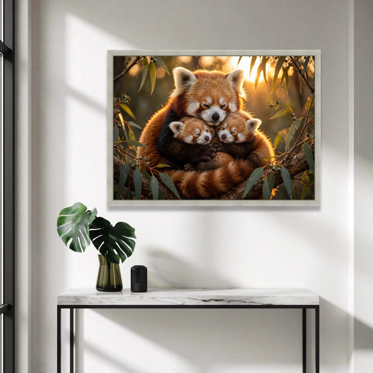 Red Panda Family Hug Canvas, Cute Animal Wall Art, Nature Wildlife Canvas, Cozy Forest Scene, Soft Light Home Decoration Canvas Print Art