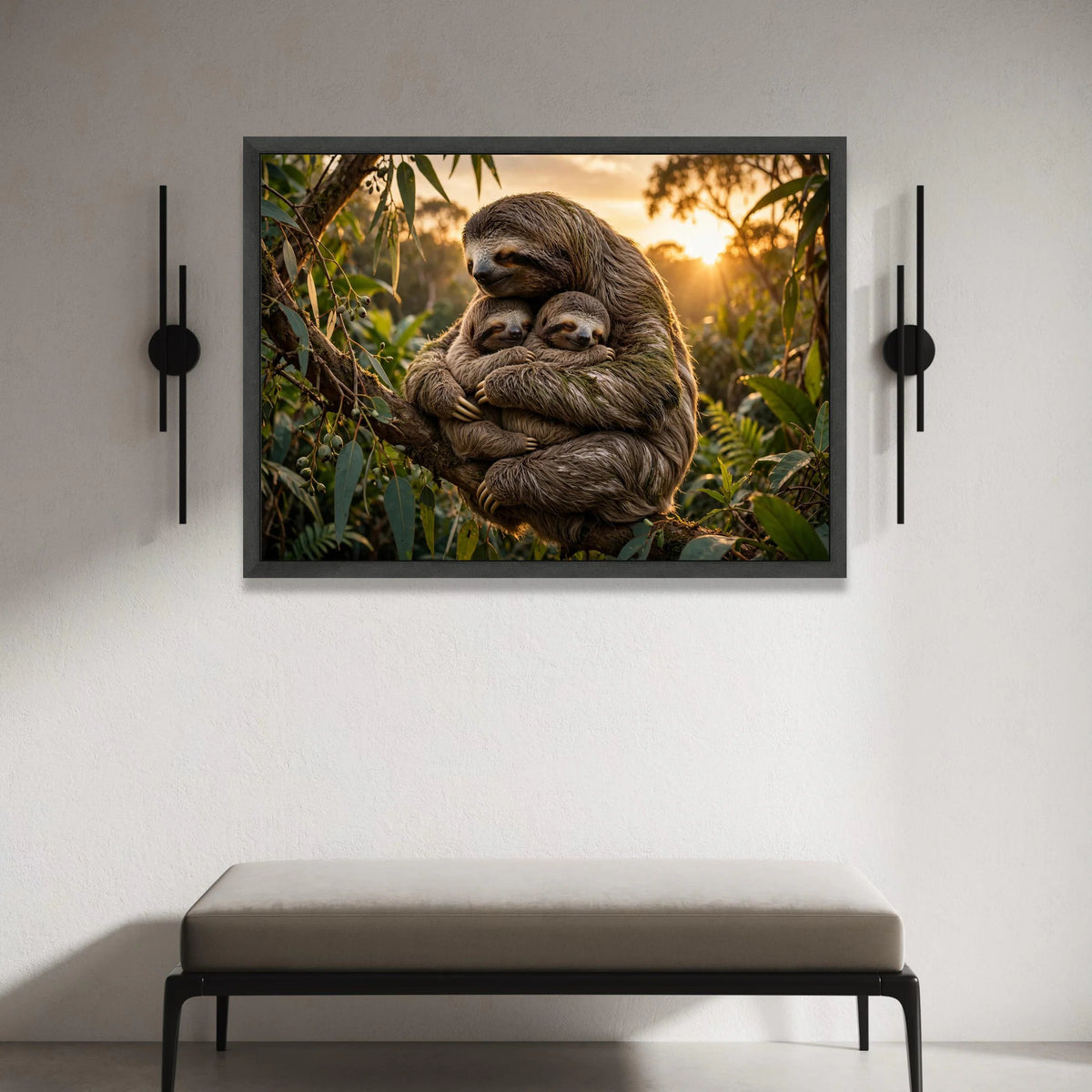 Loving Sloth Family, Sunset Nature Canvas, Tree Hugging Sloths, Wildlife Animal Wall Art, Cozy Forest Scene Canvas, Nursery Canvas Print Art