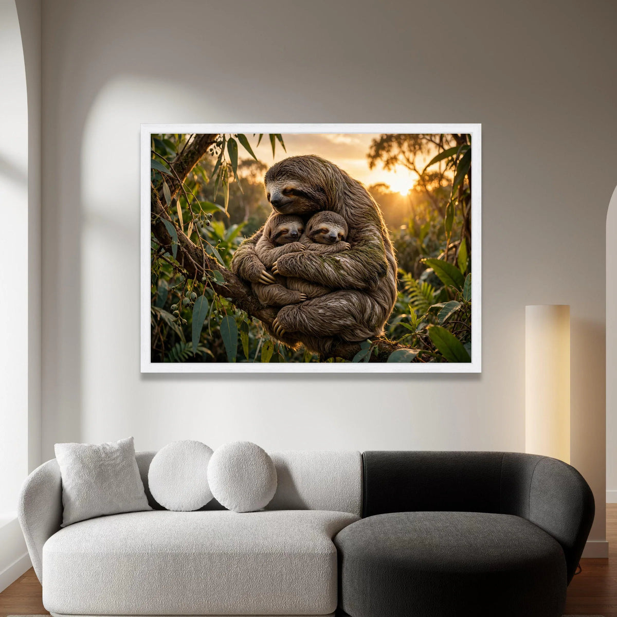 Loving Sloth Family, Sunset Nature Canvas, Tree Hugging Sloths, Wildlife Animal Wall Art, Cozy Forest Scene Canvas, Nursery Canvas Print Art