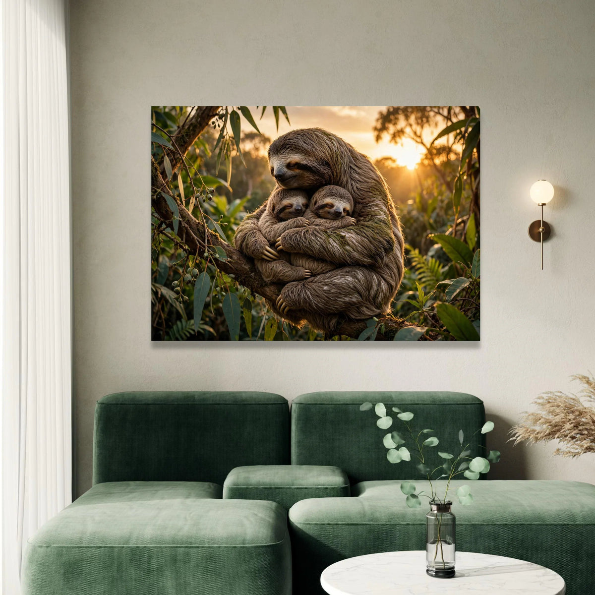 Loving Sloth Family, Sunset Nature Canvas, Tree Hugging Sloths, Wildlife Animal Wall Art, Cozy Forest Scene Canvas, Nursery Canvas Print Art