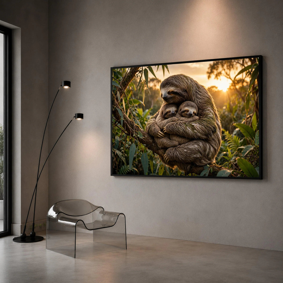 Loving Sloth Family, Sunset Nature Canvas, Tree Hugging Sloths, Wildlife Animal Wall Art, Cozy Forest Scene Canvas, Nursery Canvas Print Art