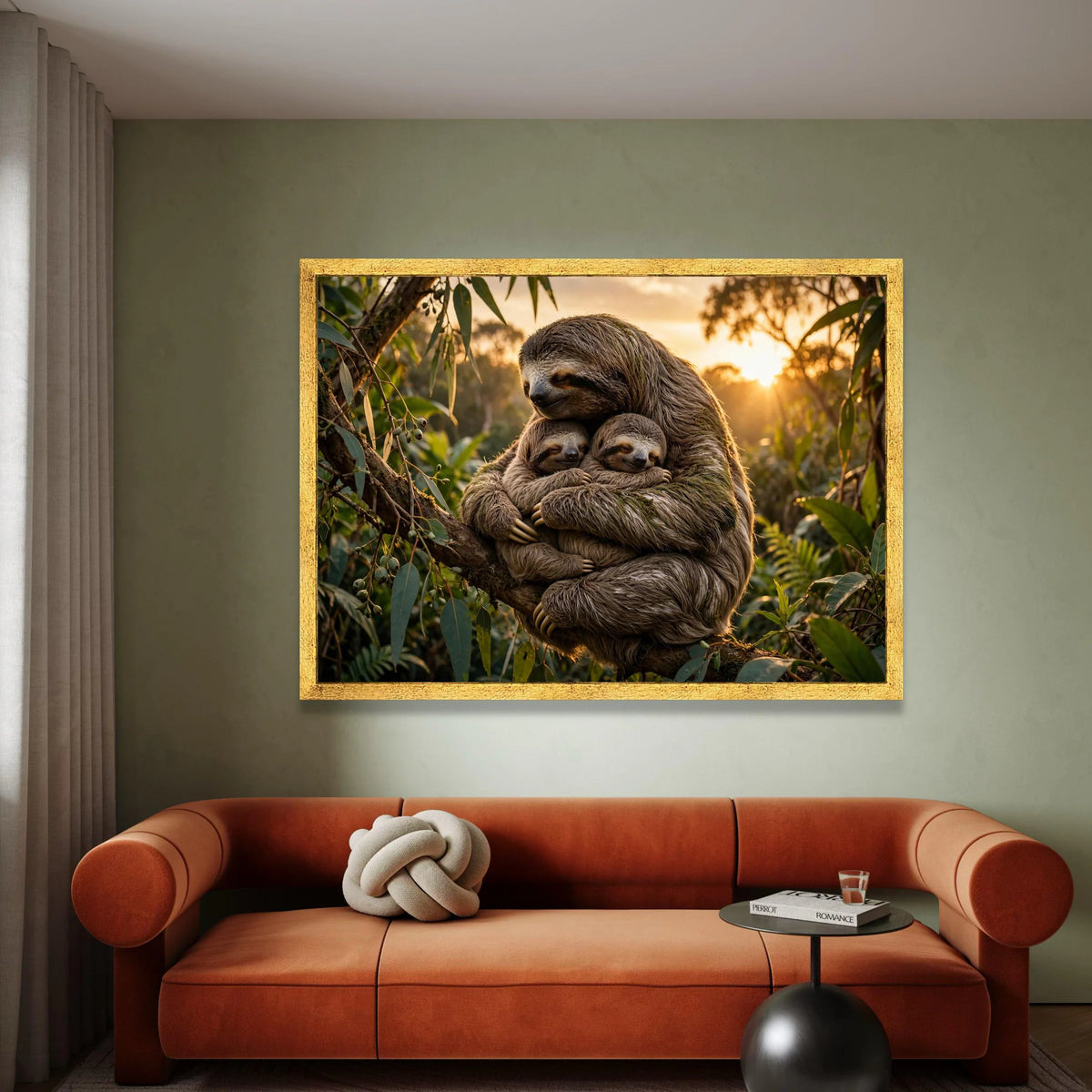 Loving Sloth Family, Sunset Nature Canvas, Tree Hugging Sloths, Wildlife Animal Wall Art, Cozy Forest Scene Canvas, Nursery Canvas Print Art