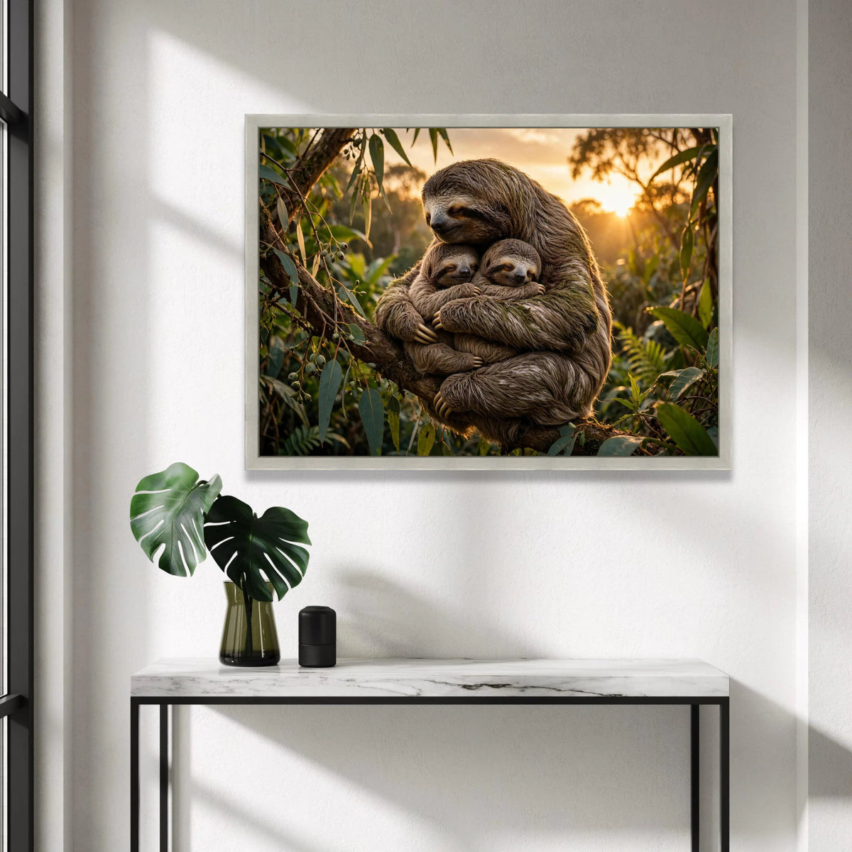 Loving Sloth Family, Sunset Nature Canvas, Tree Hugging Sloths, Wildlife Animal Wall Art, Cozy Forest Scene Canvas, Nursery Canvas Print Art