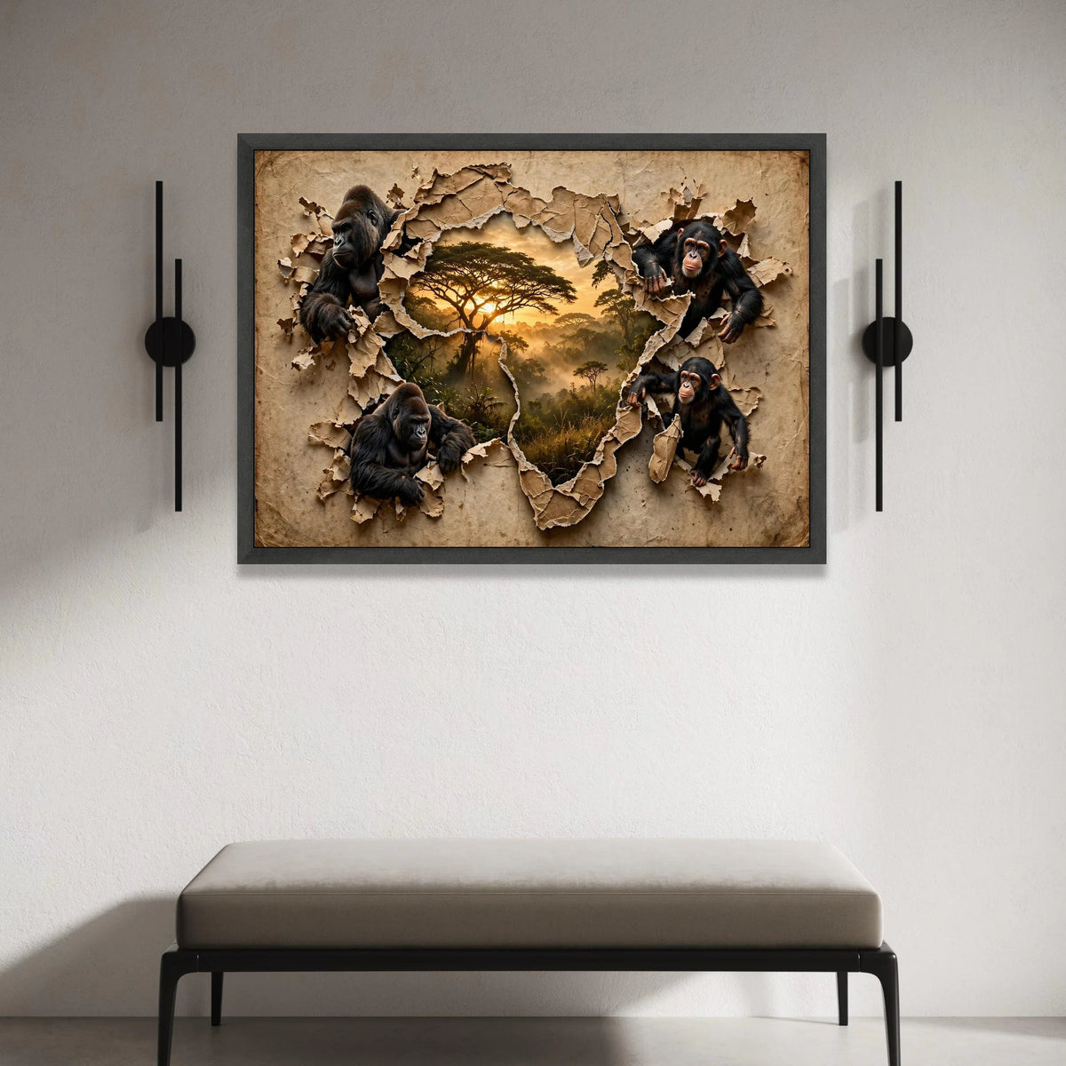 African Wildlife Canvas, Gorilla and Chimpanzee Art, Safari Jungle Wall Decor, Nature Landscape Canvas, Exotic Animal Canvas Print Art