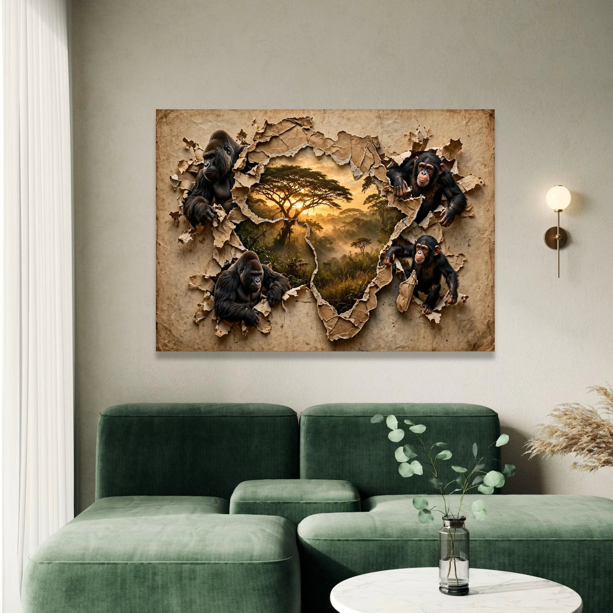 African Wildlife Canvas, Gorilla and Chimpanzee Art, Safari Jungle Wall Decor, Nature Landscape Canvas, Exotic Animal Canvas Print Art