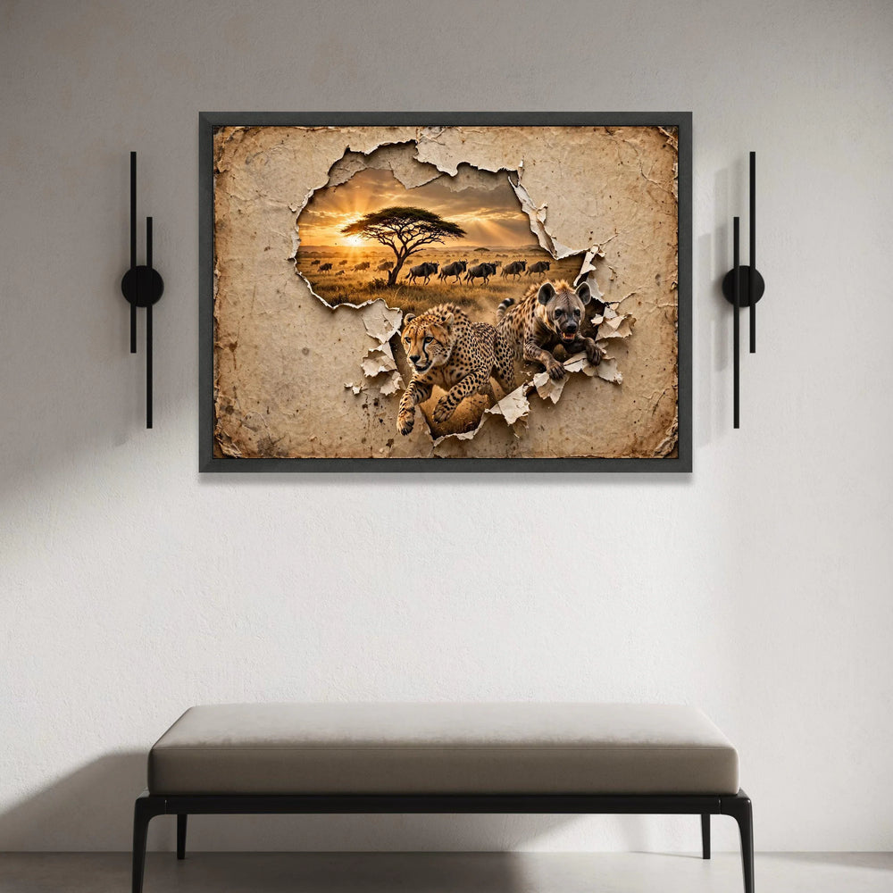 African Wildlife Safari Scene, Cheetah and Hyena Canvas, Savanna Sunset Wall Art, Animal Nature Canvas, Exotic Wildlife Canvas Print Art