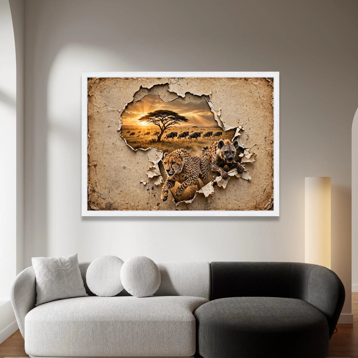 African Wildlife Safari Scene, Cheetah and Hyena Canvas, Savanna Sunset Wall Art, Animal Nature Canvas, Exotic Wildlife Canvas Print Art
