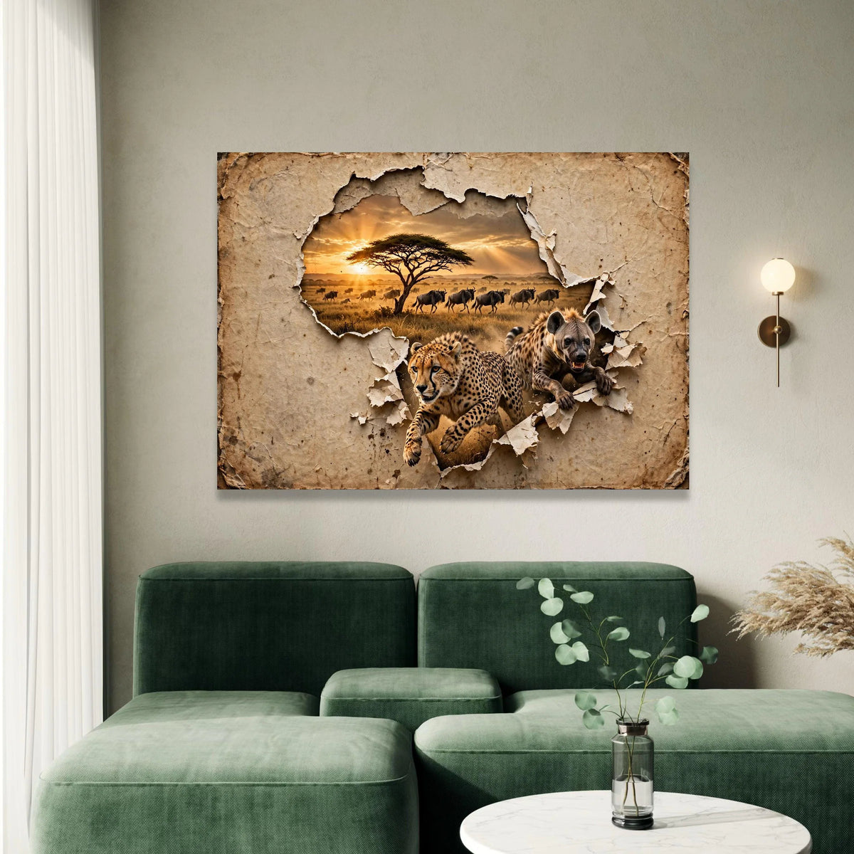 African Wildlife Safari Scene, Cheetah and Hyena Canvas, Savanna Sunset Wall Art, Animal Nature Canvas, Exotic Wildlife Canvas Print Art