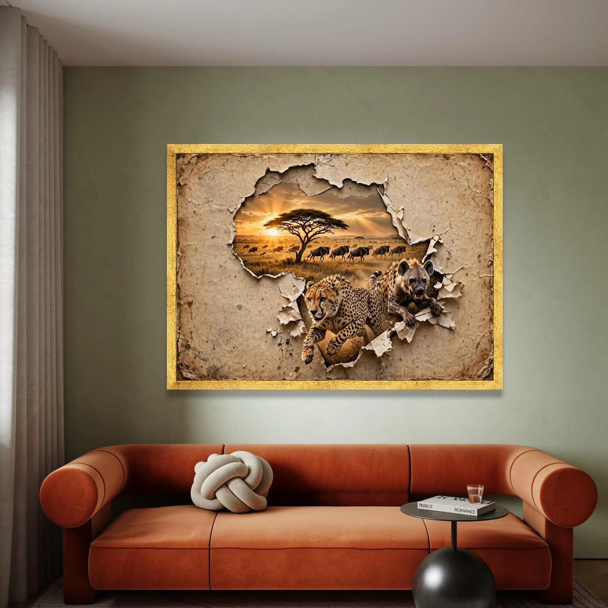 African Wildlife Safari Scene, Cheetah and Hyena Canvas, Savanna Sunset Wall Art, Animal Nature Canvas, Exotic Wildlife Canvas Print Art