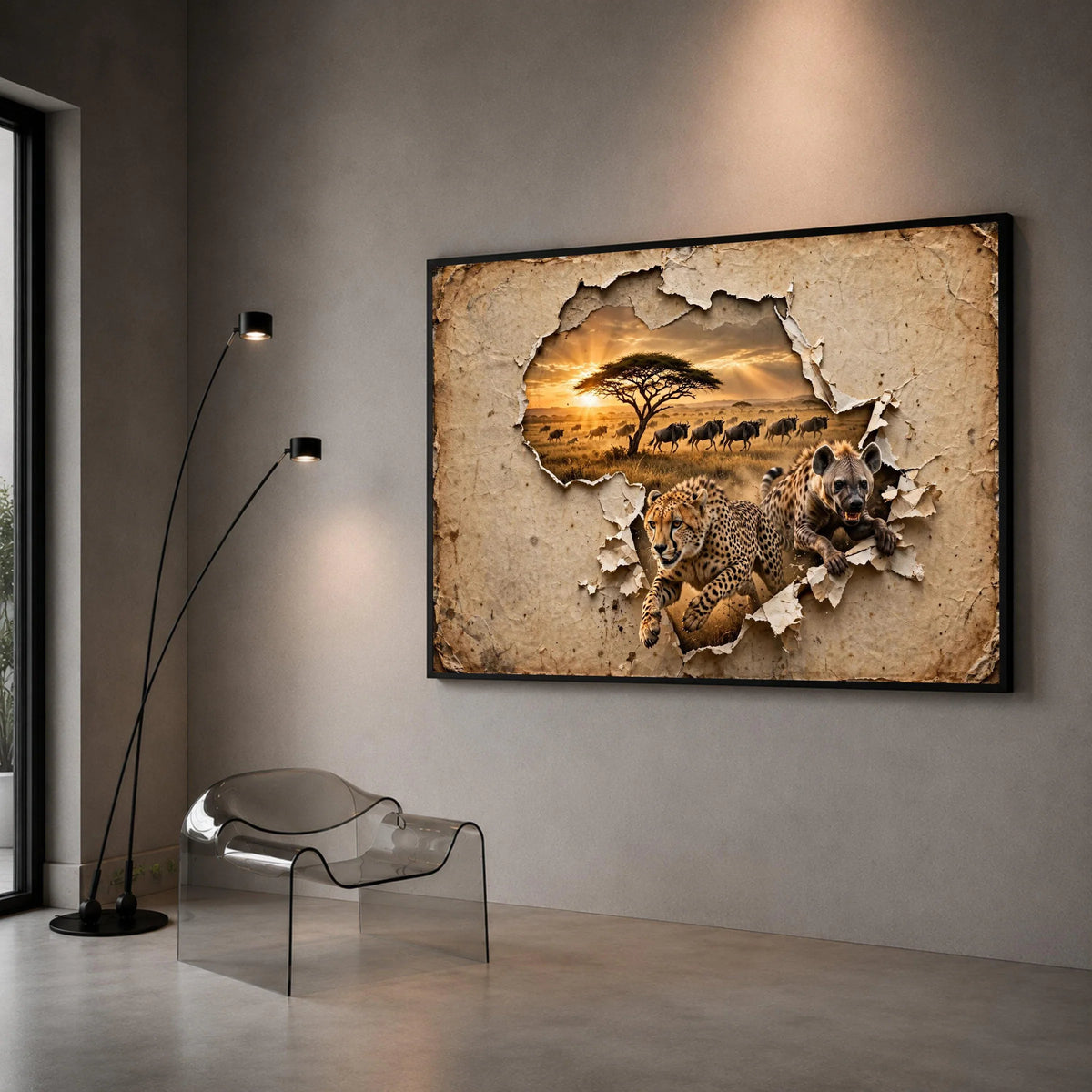 African Wildlife Safari Scene, Cheetah and Hyena Canvas, Savanna Sunset Wall Art, Animal Nature Canvas, Exotic Wildlife Canvas Print Art