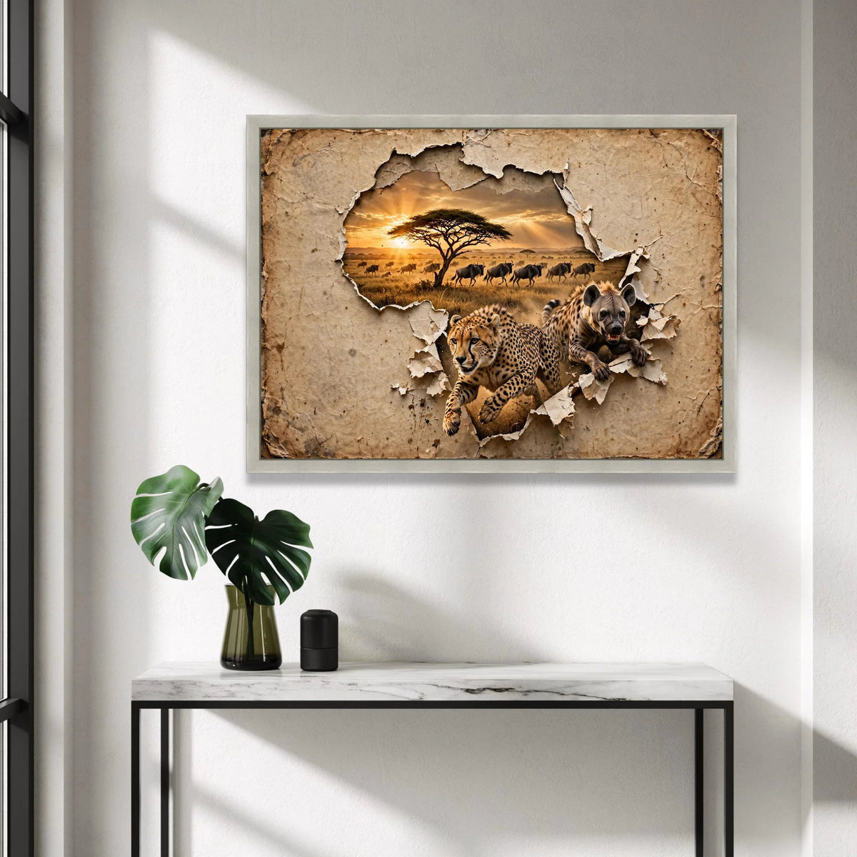 African Wildlife Safari Scene, Cheetah and Hyena Canvas, Savanna Sunset Wall Art, Animal Nature Canvas, Exotic Wildlife Canvas Print Art