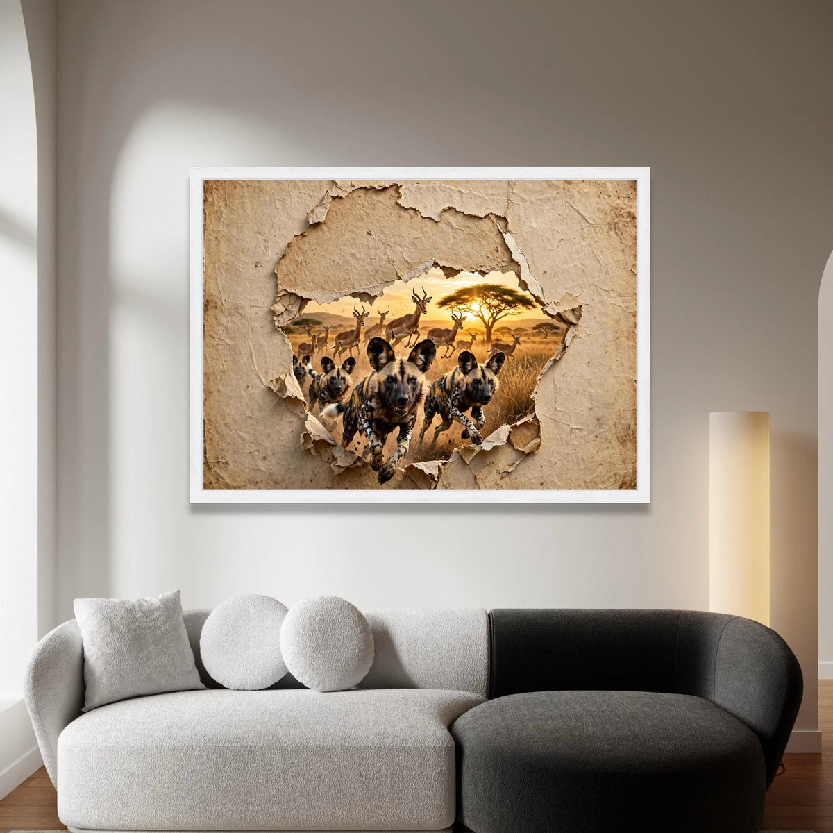 African Wild Dogs Hunting Wildebeest, Safari Sunset Canvas, African Wildlife Wall Art, Nature Scene Canvas, Exotic Animal Canvas Print Art