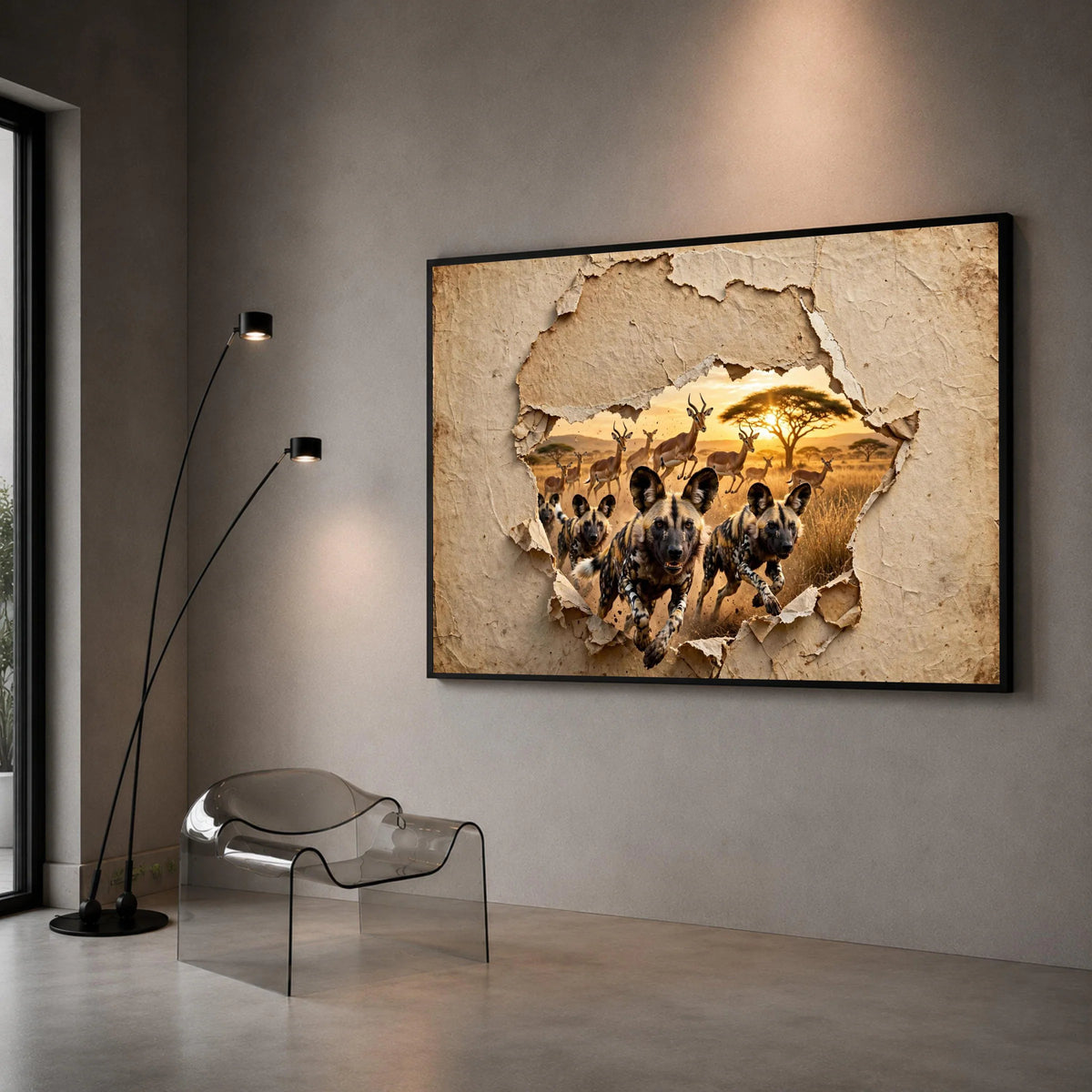 African Wild Dogs Hunting Wildebeest, Safari Sunset Canvas, African Wildlife Wall Art, Nature Scene Canvas, Exotic Animal Canvas Print Art