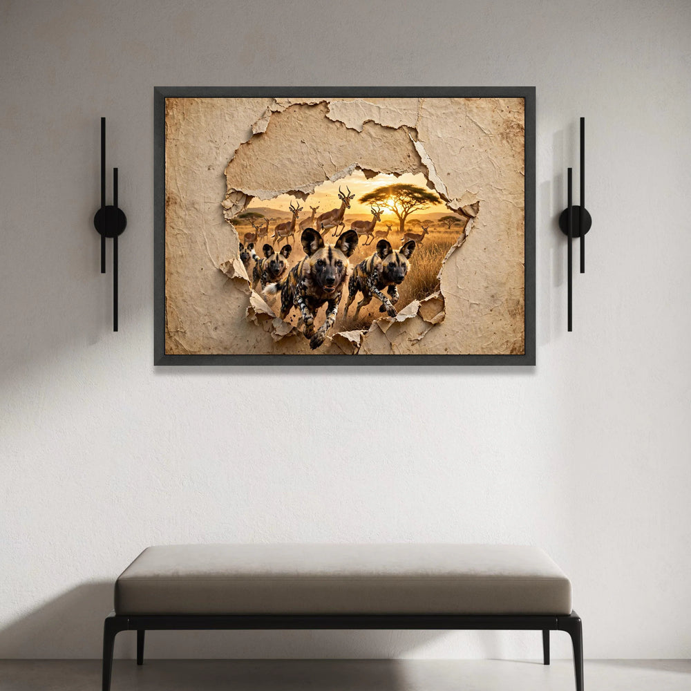 African Wild Dogs Hunting Wildebeest, Safari Sunset Canvas, African Wildlife Wall Art, Nature Scene Canvas, Exotic Animal Canvas Print Art