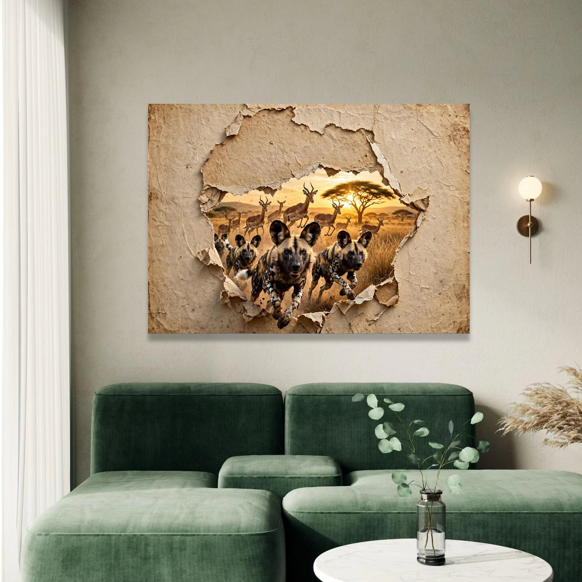 African Wild Dogs Hunting Wildebeest, Safari Sunset Canvas, African Wildlife Wall Art, Nature Scene Canvas, Exotic Animal Canvas Print Art