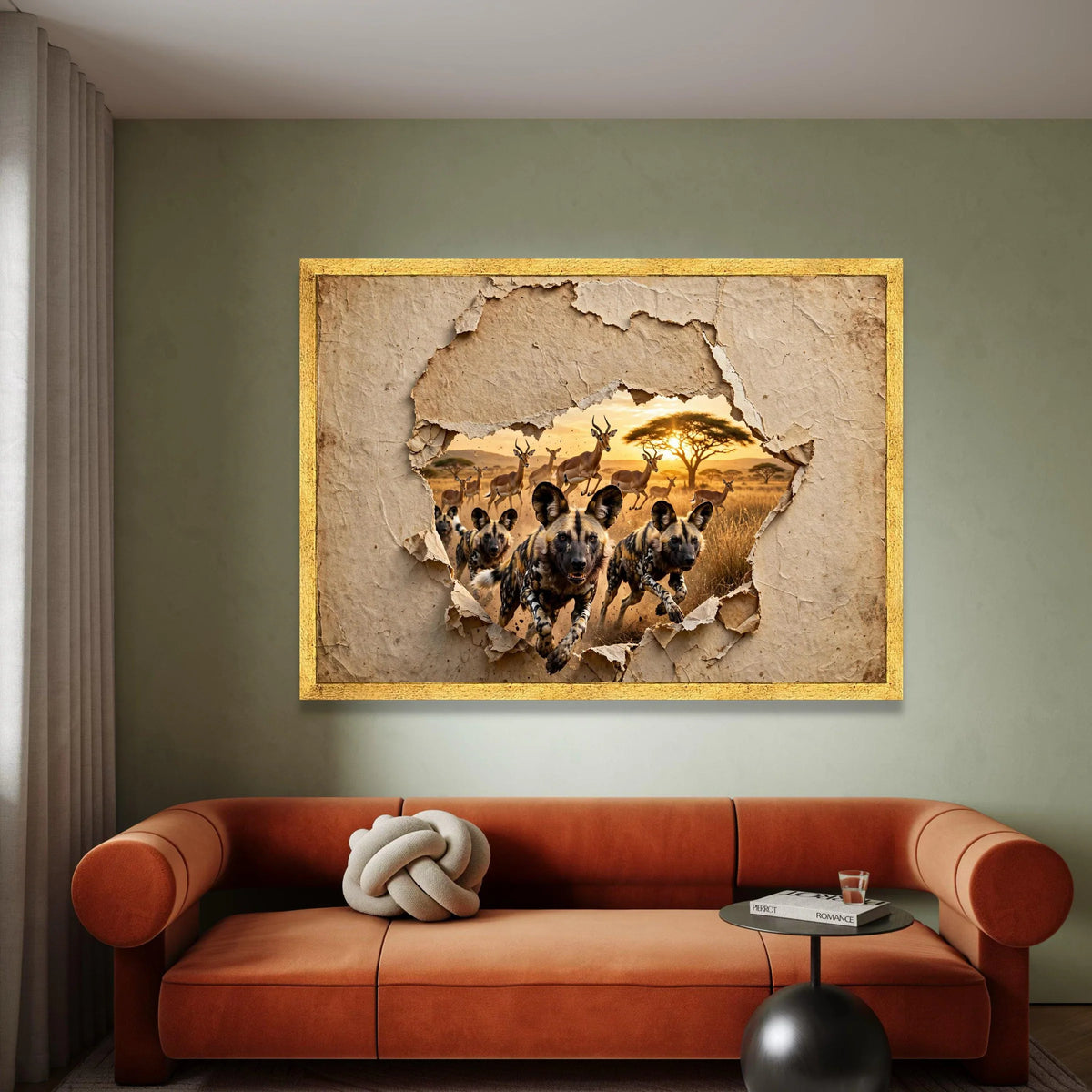 African Wild Dogs Hunting Wildebeest, Safari Sunset Canvas, African Wildlife Wall Art, Nature Scene Canvas, Exotic Animal Canvas Print Art