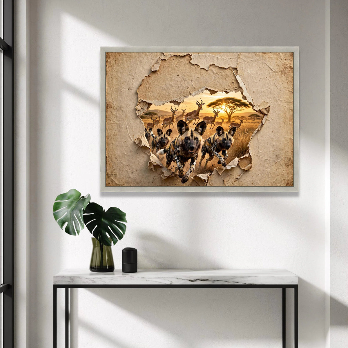 African Wild Dogs Hunting Wildebeest, Safari Sunset Canvas, African Wildlife Wall Art, Nature Scene Canvas, Exotic Animal Canvas Print Art